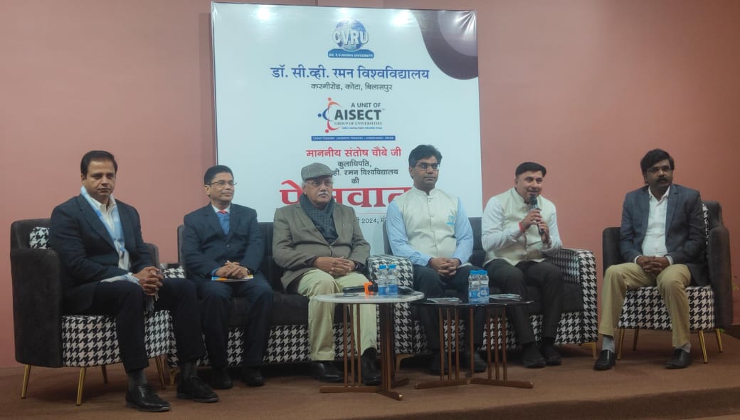 विज्ञान, कला एवं टेक्नालॉजी के नवाचारों ने सीवीआरयू को बनाया सर्वोत्तम-चौबे डॉ.सी.व्ही. रमन विश्वविद्यालय के कुलाधिपति संतोष चौबे ने की पत्रकारों से चर्चा विश्वविद्यालय की उपलब्धिों एवं भावी योजनाओं को किया साझा नैक ए ग्रेड प्राप्त करने वाला प्रदेश का पहला निजी विवि बना सीवीआरयू -संतोष