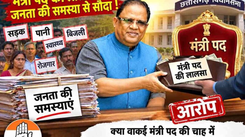 विधानसभा में प्रश्न काल के दरमियान कथित निष्क्रिय विधायक की भूमिका निभाने वाले अमर अग्रवाल को क्या मिलेगा मंत्री पद?     छत्तीसगढ़ में चार मंत्रियों को बदलने की सोशल मीडिया पर चर्चा, अलग-अलग संभागों से नए चेहरों को मौका मिलने की अटकलें!